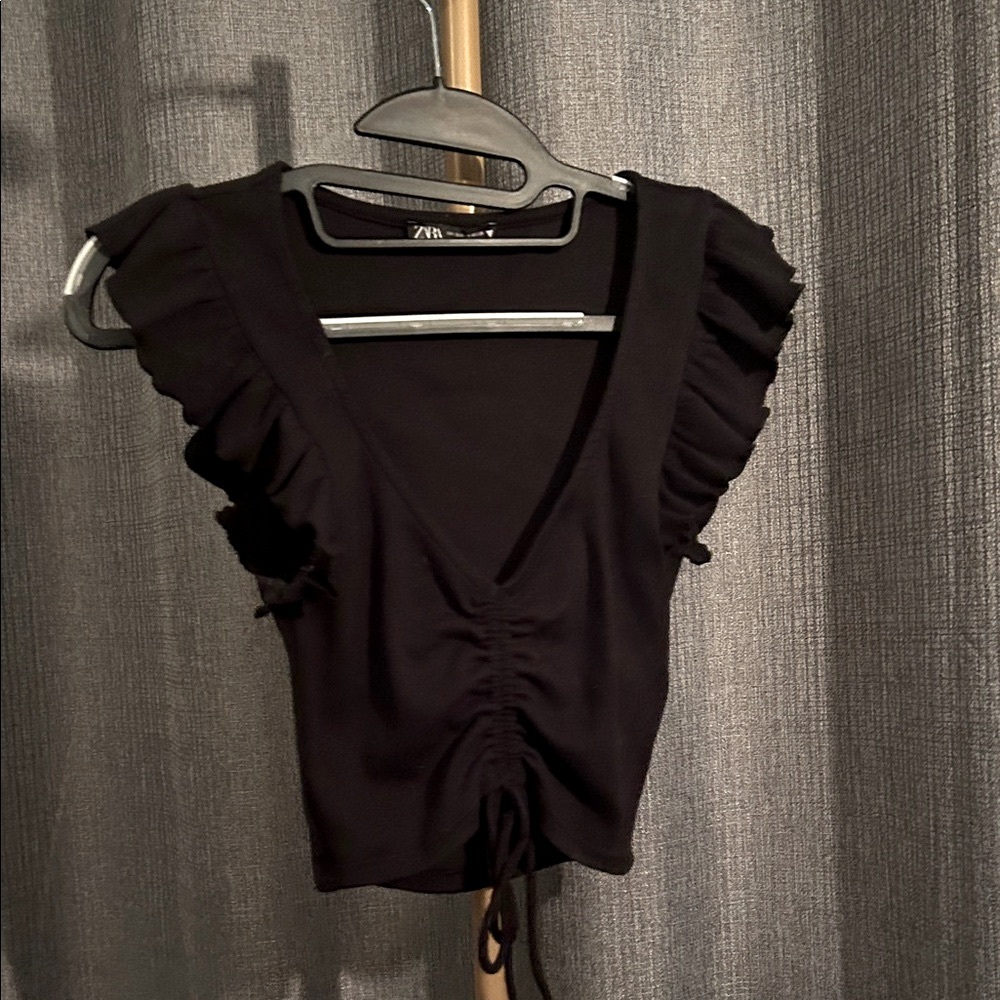 Zara Black Ruffled Sleeve Cinched V-Neck Crop Top